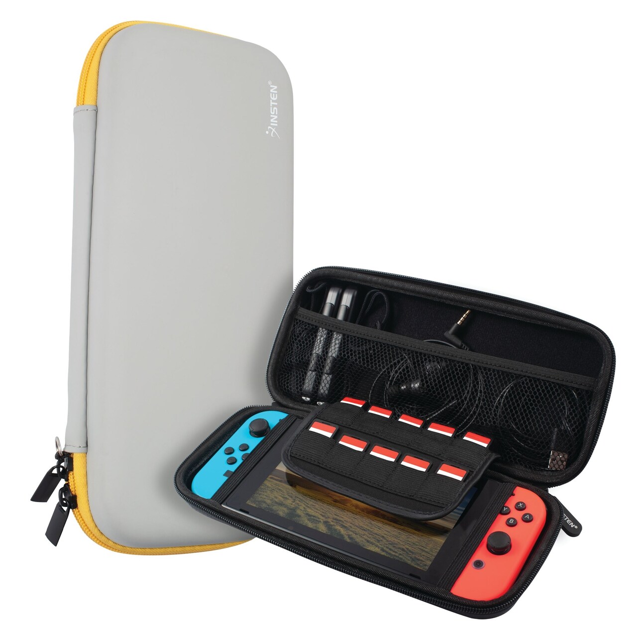Insten Carrying Case For Nintendo Switch and OLED Model with 10 Game Card Slots and Accessories Pocket, Protective EVA Hard Travel Pouch for Girls Boys, Gray/Yellow